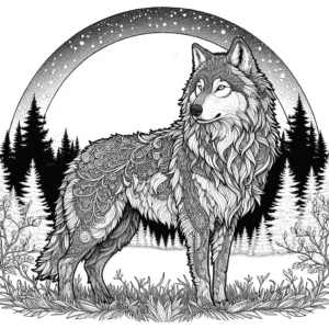Fierce wolf coloring page in forest with full moon background coloring page
