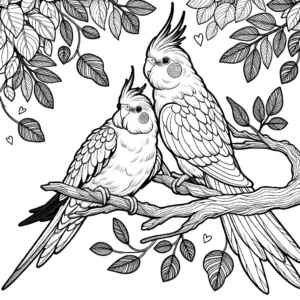 Coloring page of a male and female cockatiel perched on a tree branch coloring page
