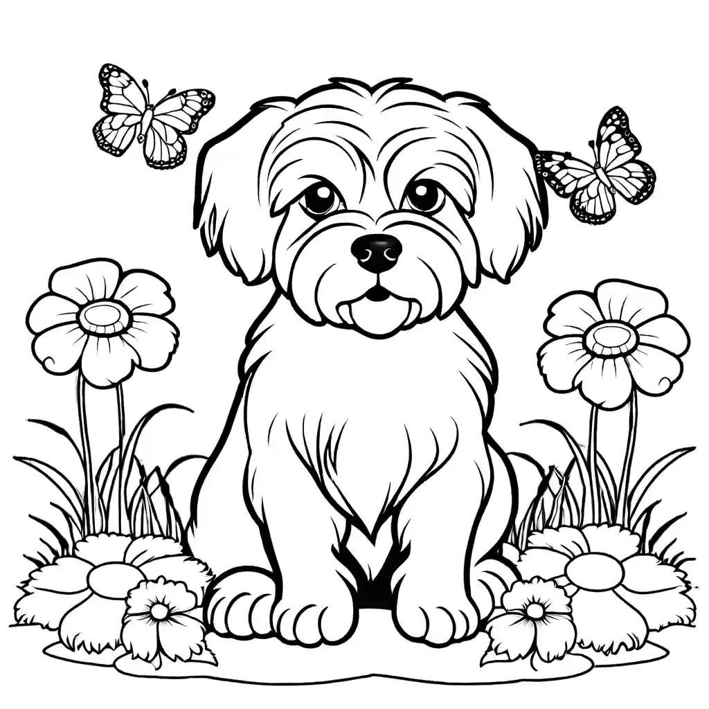 Maltese dog sitting in a garden with flowers and butterflies around coloring page