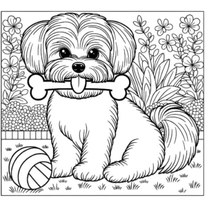 Maltese dog sitting in garden with bone and ball coloring page