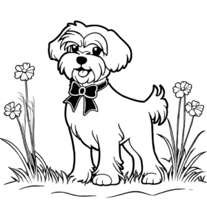 Maltese dog standing on grass with bow in its hair coloring page