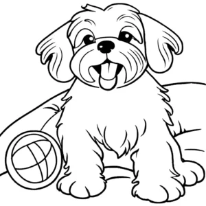 Maltese dog sitting on cushion with ball in its mouth coloring page