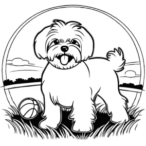 Maltese dog playing with a tennis ball in a grassy field coloring page