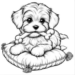 Adorable Maltese puppy coloring page with a bone coloring page