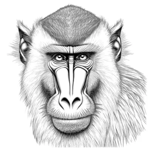 Intricate sketch of a Mandrill's face with colorful nose and unique facial features coloring page