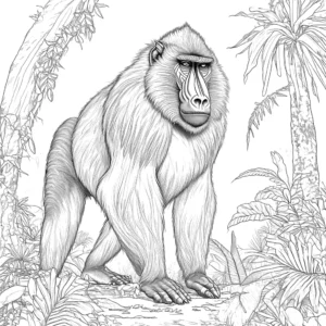 Mandrill coloring page with intricate patterns and jungle surroundings coloring page