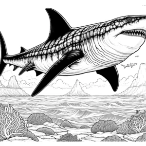 Massive megalodon emerging from the depths of the ocean with its massive body and fins coloring page
