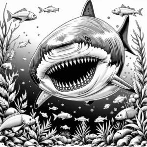 Megalodon shark lineart coloring page with ocean background coloring page