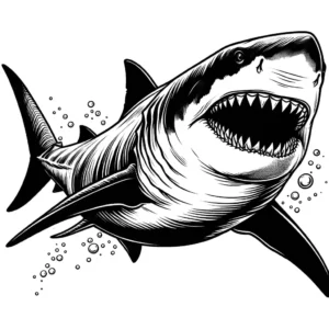 Megalodon swimming in the ocean with its mouth open and sharp teeth visible coloring page