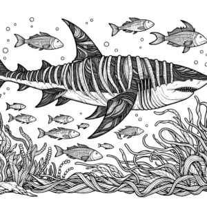 Megalodon swimming in the ocean surrounded by smaller fish and seaweed coloring page