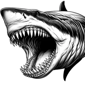 Black and white outline of a megalodon with its mouth wide open showing its sharp teeth coloring page