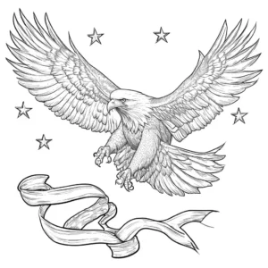 Memorial Day Eagle flying with American flag and ribbon coloring page