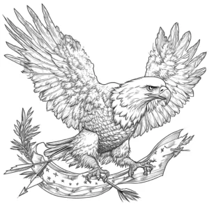 Memorial Day Eagle holding olive branch and arrows with American flag and stars coloring page