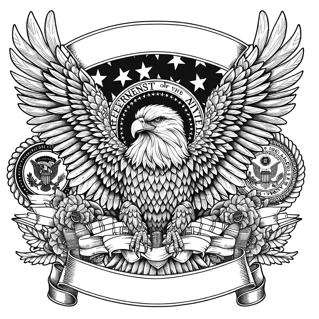 Eagle with We Remember banner and military insignia for Memorial Day coloring page