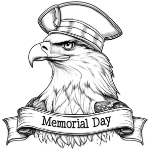 Memorial Day Eagle with patriotic hat and Memorial Day banner coloring page