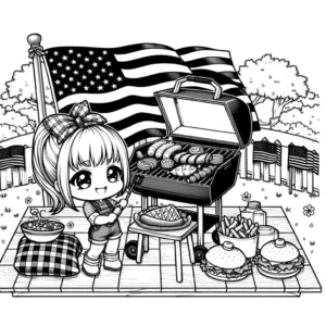 Sketch of a family picnic with barbecue, American flag, and decorations for Memorial Day celebration coloring page
