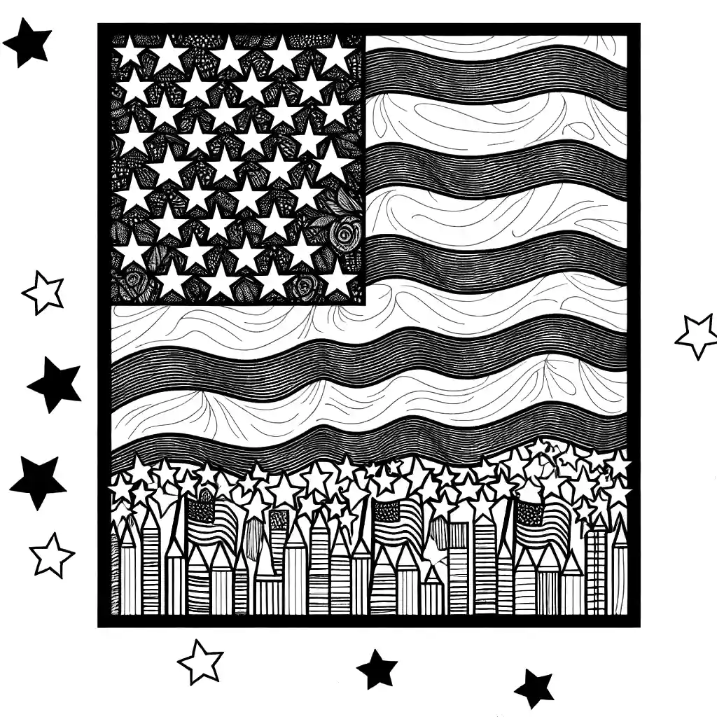 Memorial Day flag coloring page with stars and stripes and remembrance theme coloring page