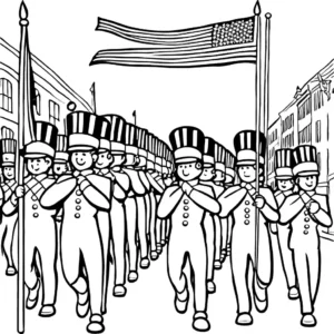 Festive parade with American flags and marching bands coloring page