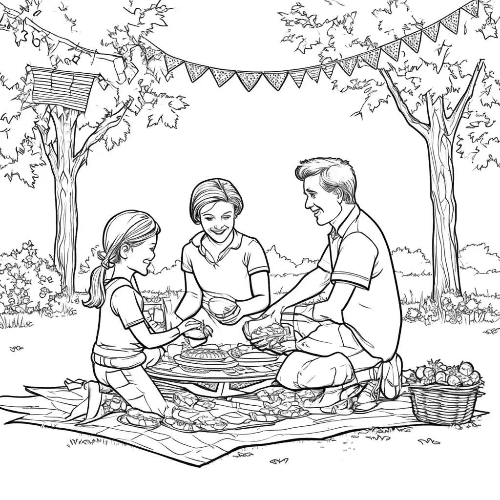 Family enjoying a patriotic picnic in the park coloring page