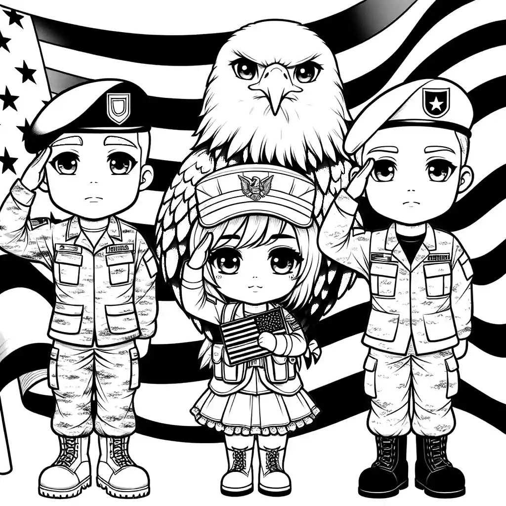 Illustration of American flag, eagle, and soldiers to honor Memorial Day coloring page