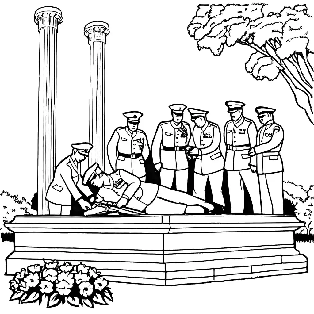 People honoring fallen soldiers at a memorial coloring page