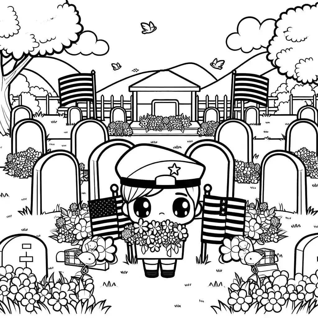 Outline of a military cemetery with graves, flags, and flowers to commemorate Memorial Day coloring page