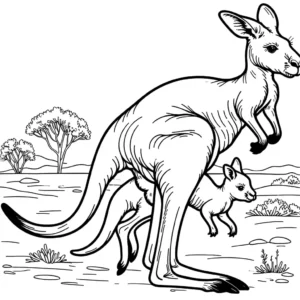Kangaroo mother with joey hopping in the outback coloring page