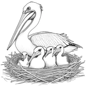 Mother pelican watching over her cute baby pelican chicks in a nest, coloring page