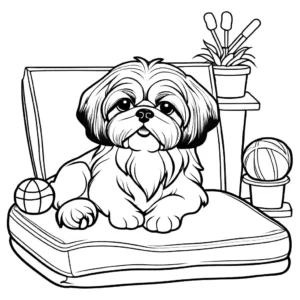 Shih Tzu dog taking a nap on a cozy cushion with its favorite toys around coloring page