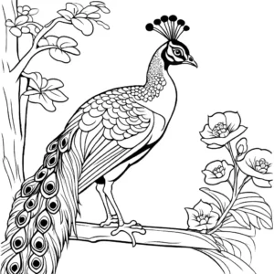 Peacock perched on branch coloring page