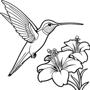 Hummingbird drinking nectar from a trumpet-shaped flower coloring page