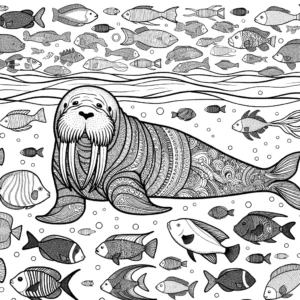 Walrus swimming in the ocean with fish around coloring page