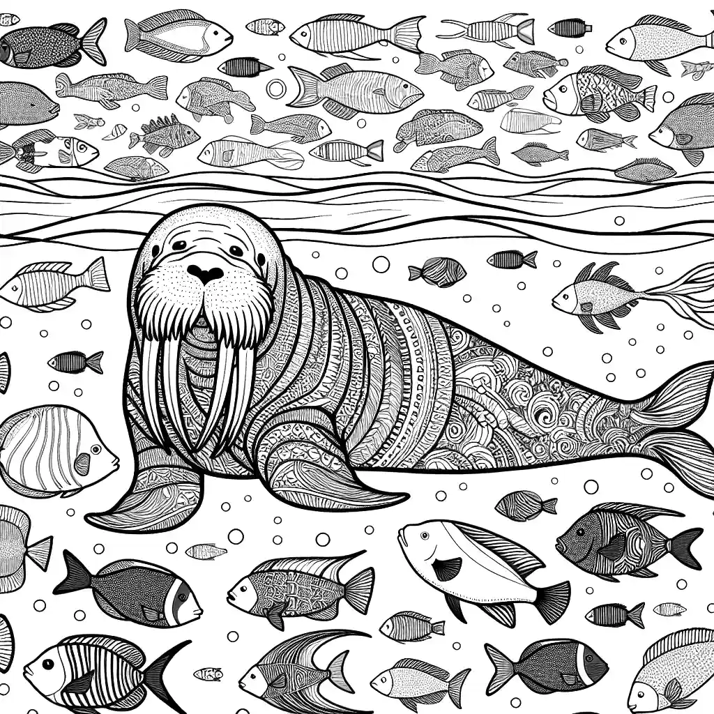 Walrus swimming in the ocean with fish around coloring page