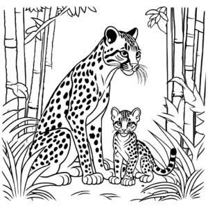 Lively ocelot cub and mother in forest coloring page