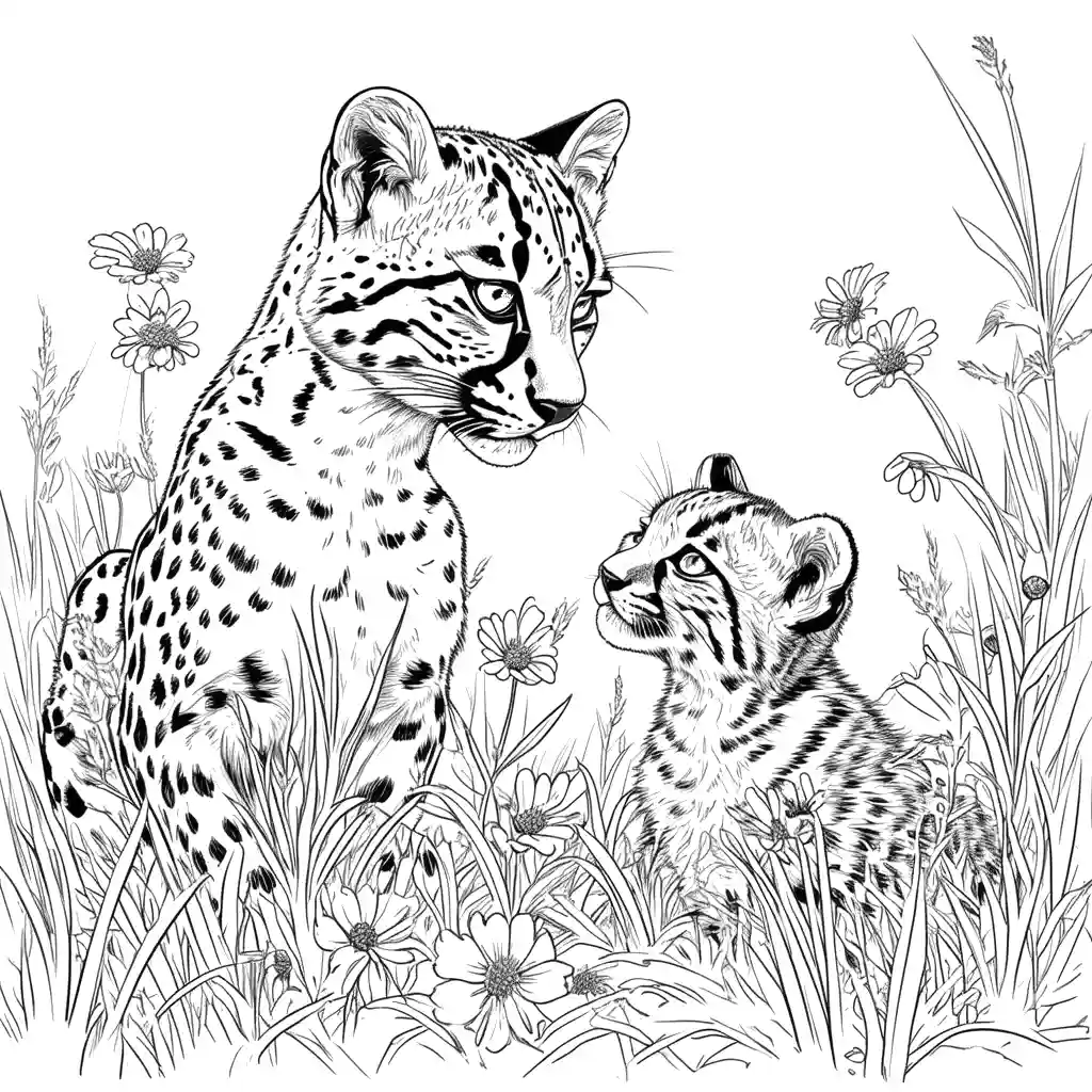 Ocelot mother and cub interacting in grassy meadow coloring page