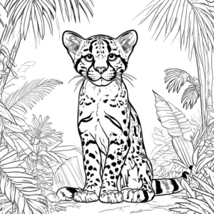 Ocelot coloring page in tropical jungle setting coloring page