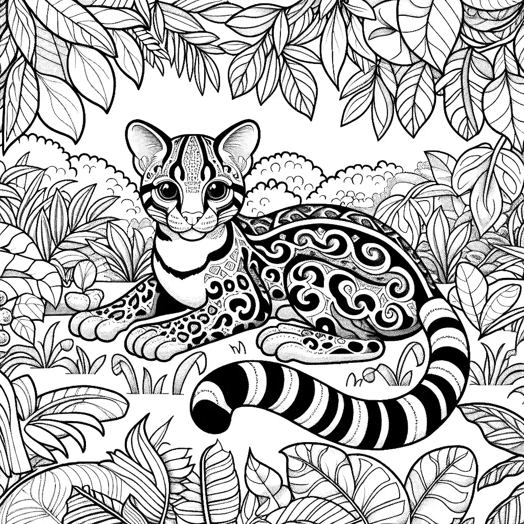 Adorable ocelot surrounded by lush green foliage in the jungle coloring page