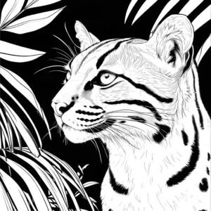 Ocelot coloring page with jungle leaves background coloring page
