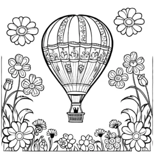 Paisley patterned hot air balloon floating peacefully above field of blooming flowers coloring page