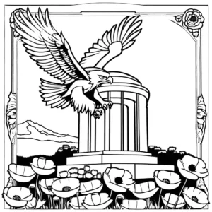 Patriotic eagle soaring over poppy field and war monument on Memorial Day coloring page