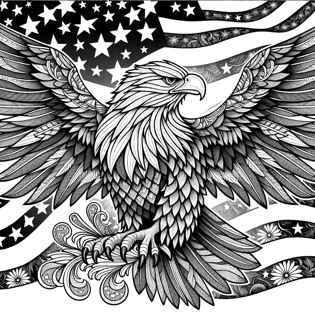 Patriotic Eagle with stars and stripes background coloring page