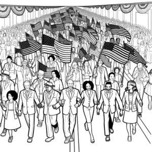 Patriotic parade with people holding flags and banners for Memorial Day coloring page