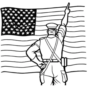 Soldier showing respect to the American flag on Memorial Day coloring page