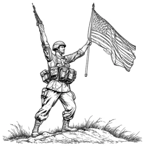 Patriotic soldier holding the US flag high coloring page