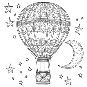 Hot air balloon coloring page with patterned design, stars and crescent moon coloring page