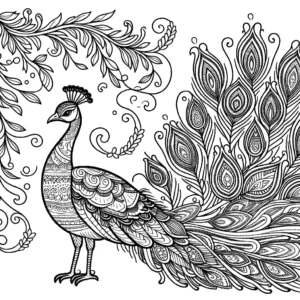 Peacock coloring page featuring a majestic bird with intricate patterns on its feathers coloring page