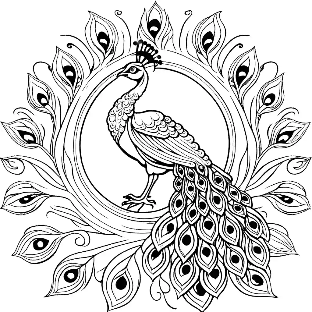 Coloring page of a peacock with intricate feather details and eye-catching colors coloring page