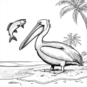 Pelican catching a fish with its beak in a tropical beach setting, coloring page