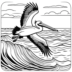 Pelican bird diving into ocean to catch a fish coloring page