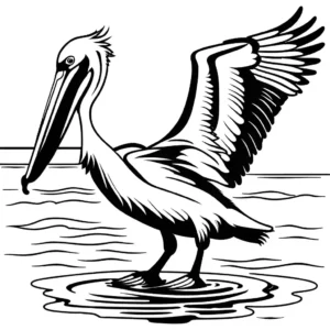 Pelican bird with folded wings standing in shallow water coloring page